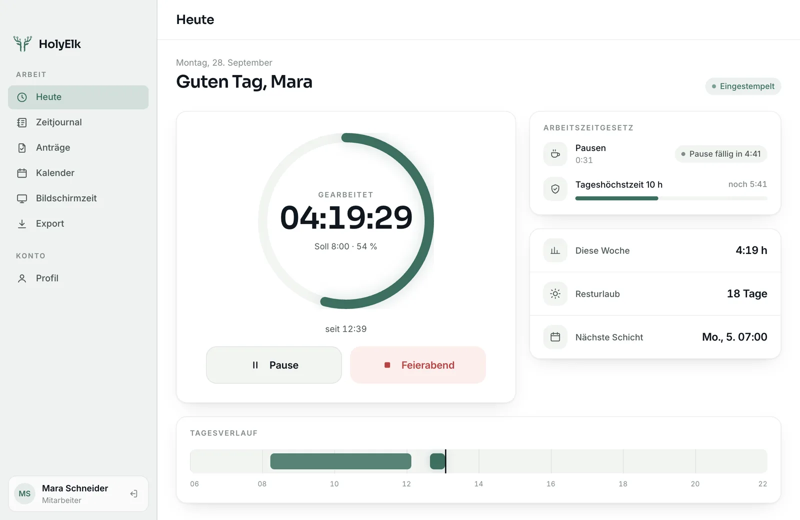 HolyElk Desktop-App: Übersicht „Heute“ mit laufender Arbeitszeit, Pausen-Hinweis und Tagesverlauf